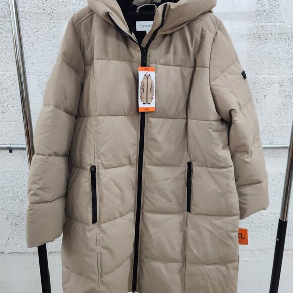 NWT Calvin Klein Women’s Faux Fur Lined Hood Oxford Puffer Jacket Tan Large - Picture 3 of 13